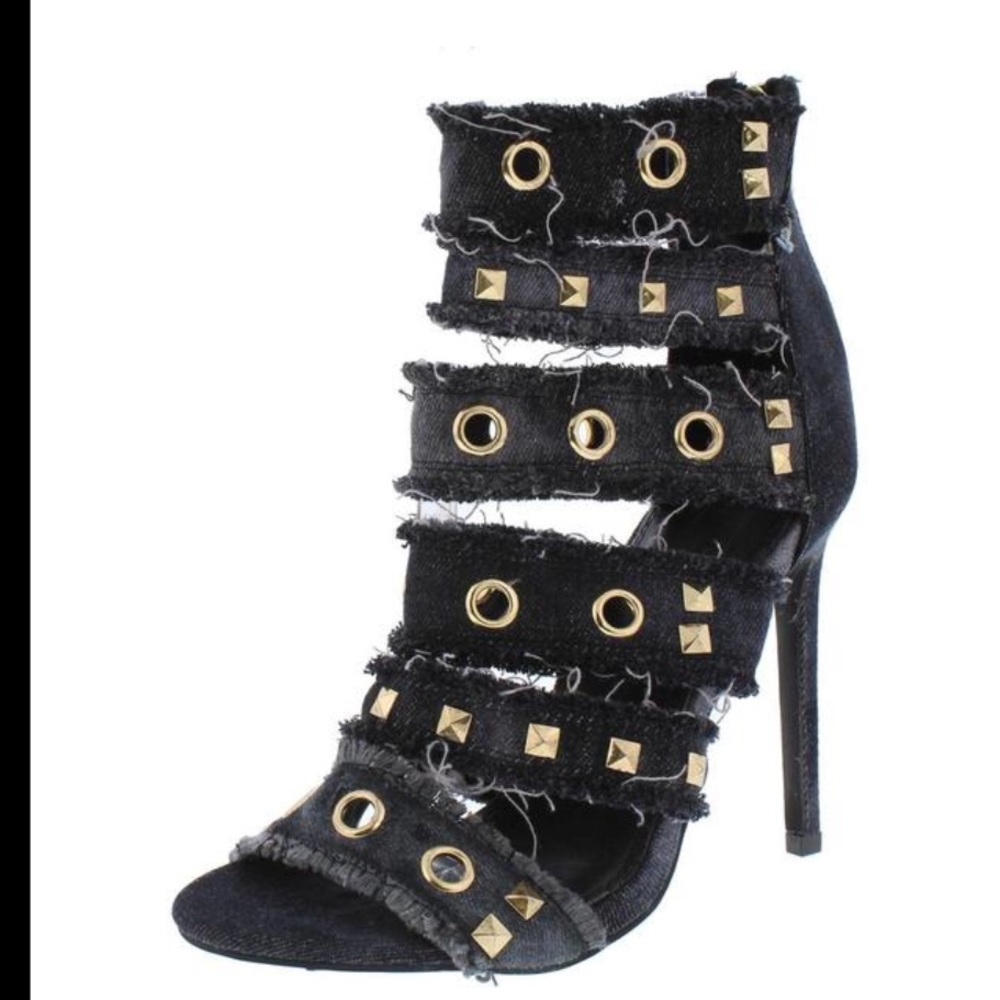 Black Denim Frayed Distress Studded Strappy Heels - Picture 2 of 4